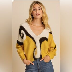 Vintage Alexandria Artsy V-neck Yellow Black Women’s Sweater Angora Size L